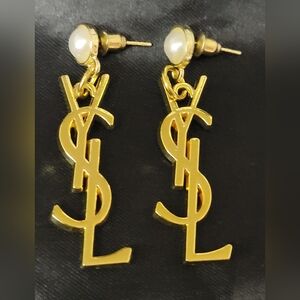 Gold YSL Logo Drop Earrings with Pearl Studs